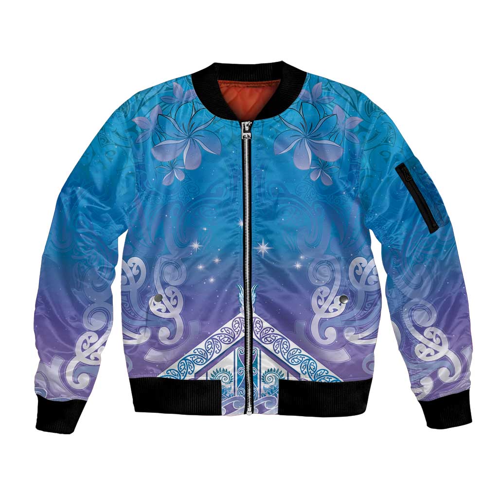 New Zealand Matariki Sleeve Zip Bomber Jacket Maori Marae Cyan Galaxy