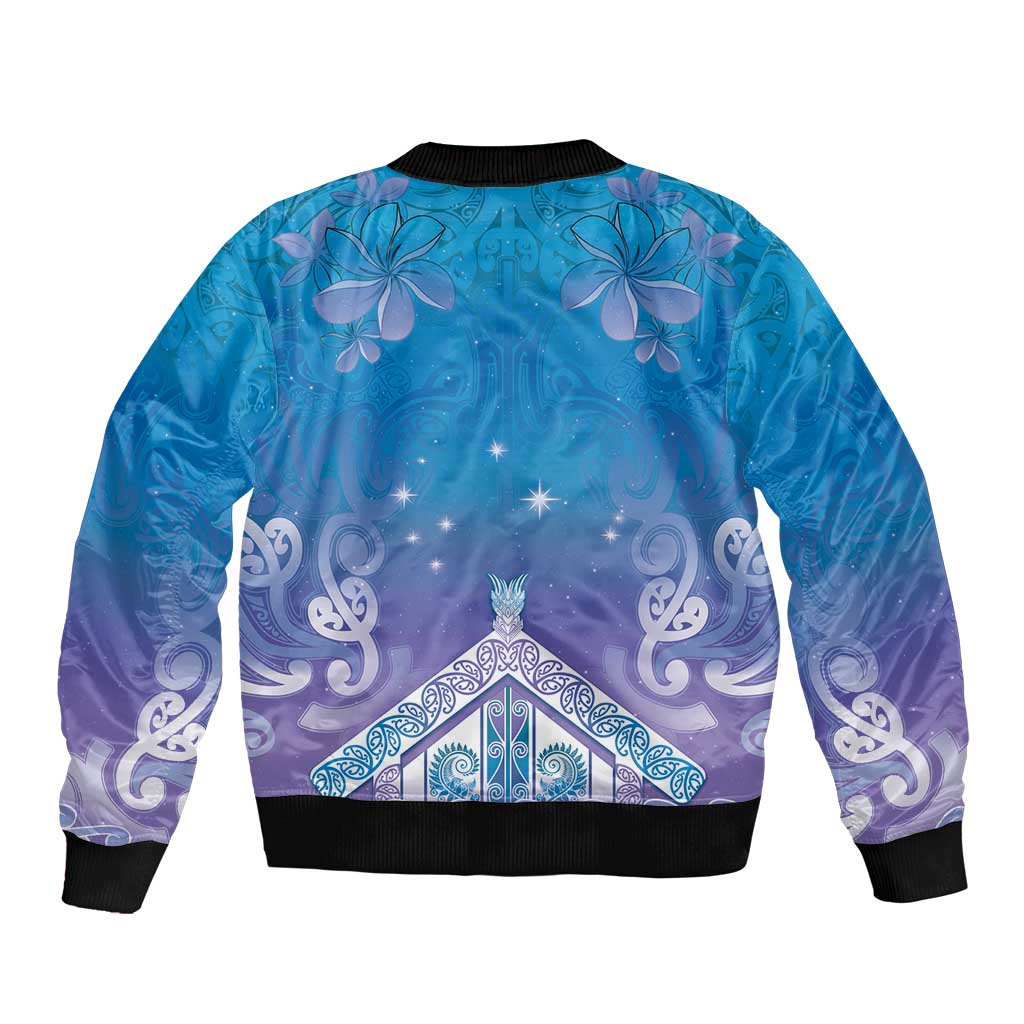 New Zealand Matariki Sleeve Zip Bomber Jacket Maori Marae Cyan Galaxy