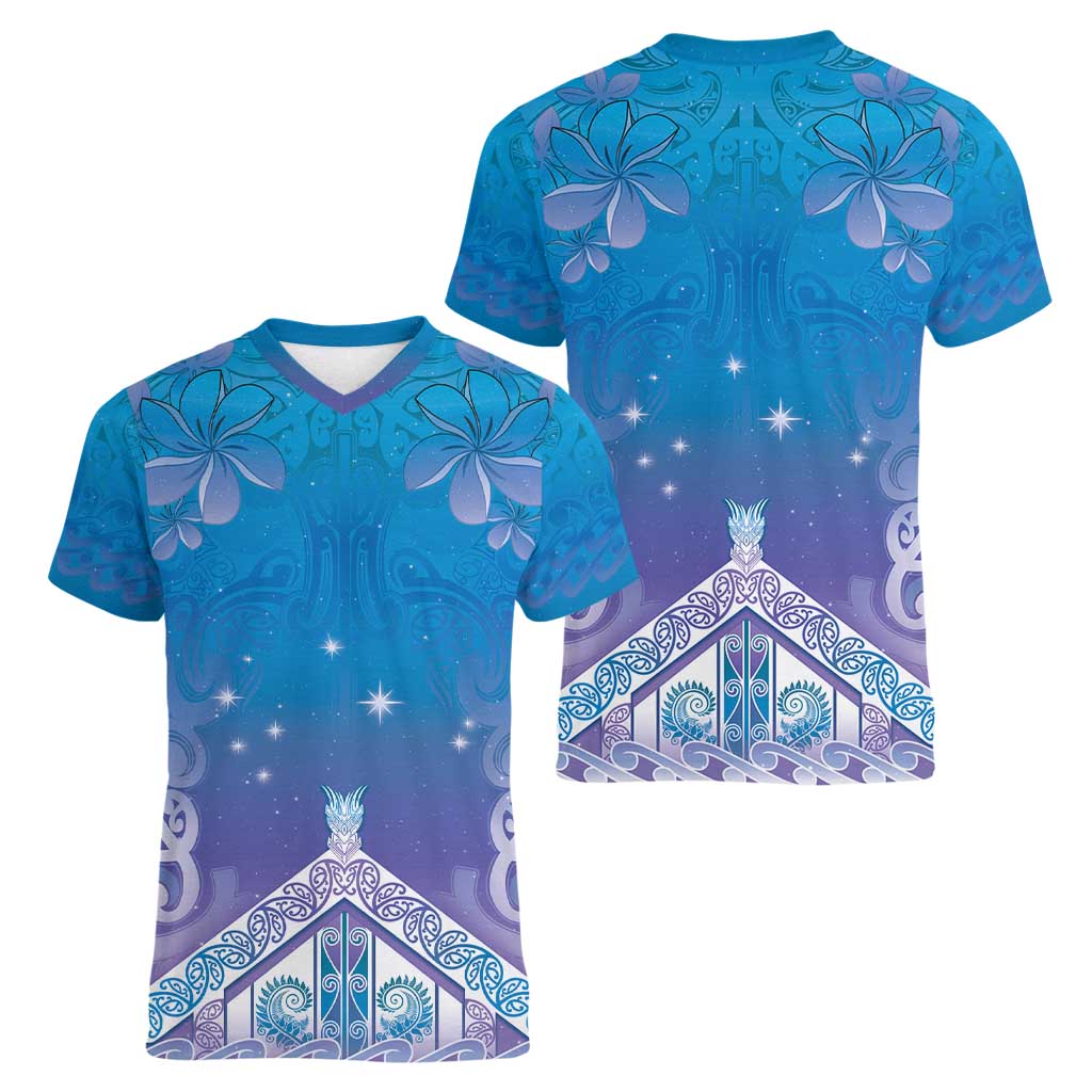 New Zealand Matariki Women V-Neck T-Shirt Maori Marae Cyan Galaxy