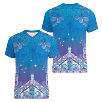 New Zealand Matariki Women V-Neck T-Shirt Maori Marae Cyan Galaxy