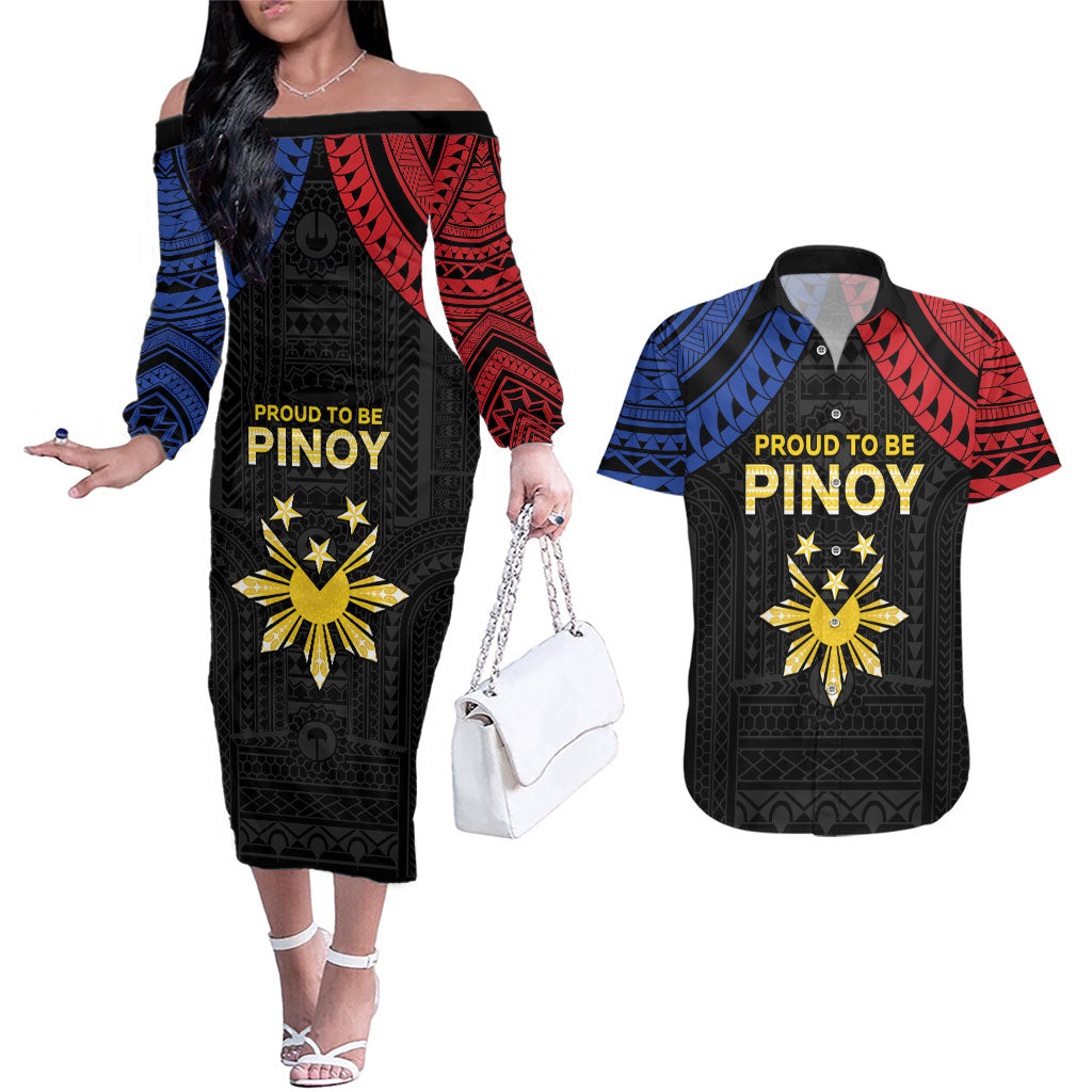 Philippines Independence Day Couples Matching Off The Shoulder Long Sleeve Dress and Hawaiian Shirt Proud To Be Pinoy LT05 Black - Polynesian Pride