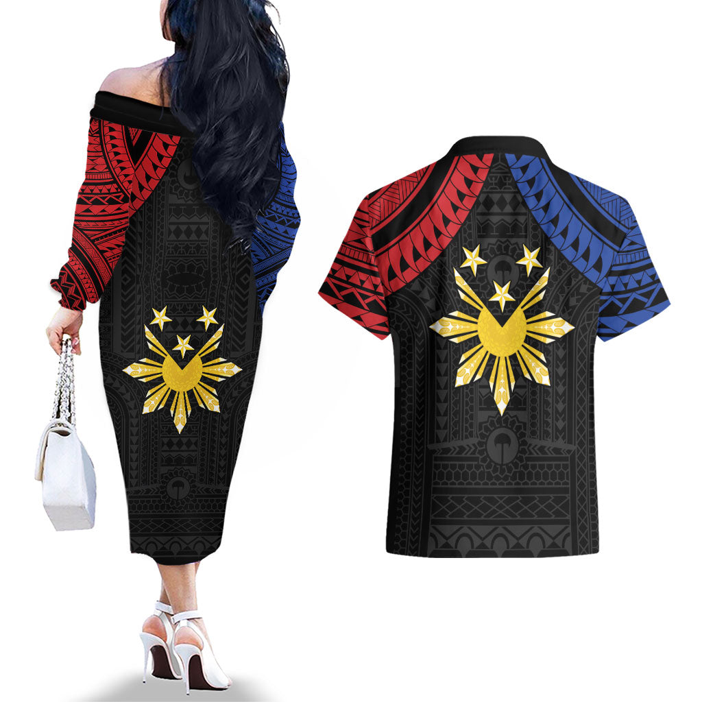 Philippines Independence Day Couples Matching Off The Shoulder Long Sleeve Dress and Hawaiian Shirt Proud To Be Pinoy LT05 - Polynesian Pride