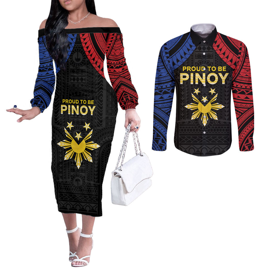 Philippines Independence Day Couples Matching Off The Shoulder Long Sleeve Dress and Long Sleeve Button Shirt Proud To Be Pinoy