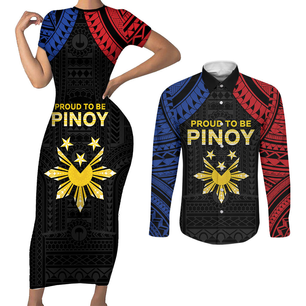 Philippines Independence Day Couples Matching Short Sleeve Bodycon Dress and Long Sleeve Button Shirt Proud To Be Pinoy