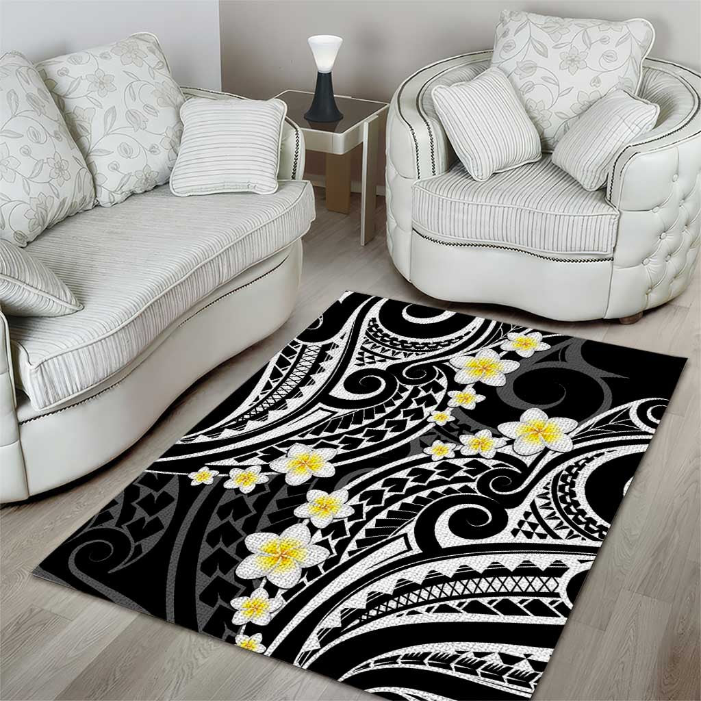 Plumeria With Black Polynesian Tattoo Pattern Area Rug