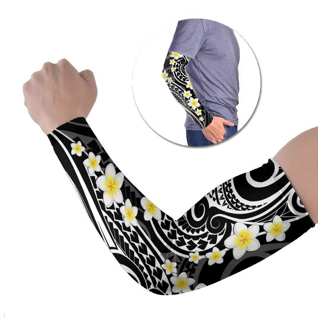 Plumeria With Black Polynesian Tattoo Pattern Arm Sleeves - Polynesian Pride