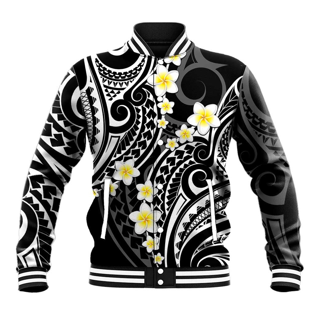 Plumeria With Black Polynesian Tattoo Pattern Baseball Jacket LT05 Unisex Black - Polynesian Pride
