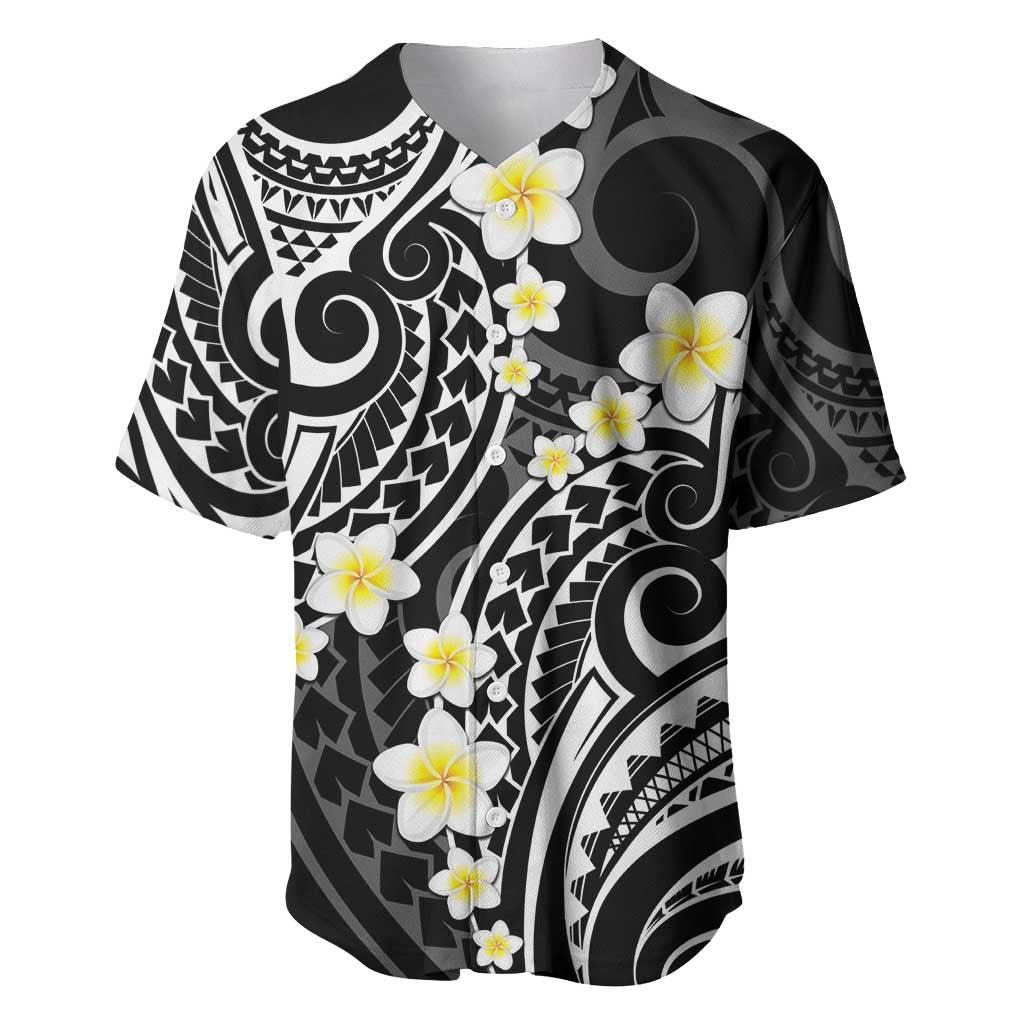 Plumeria With Black Polynesian Tattoo Pattern Baseball Jersey LT05 Black - Polynesian Pride