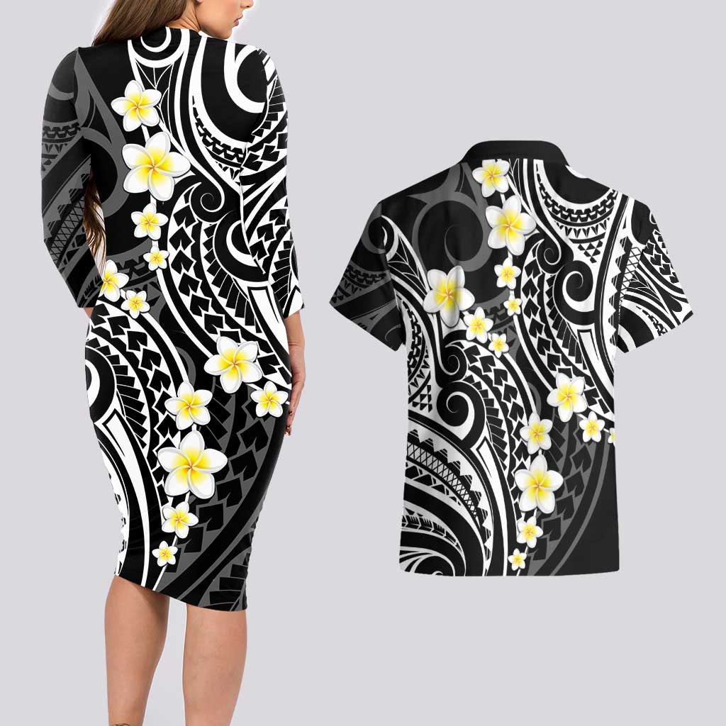 Plumeria With Black Polynesian Tattoo Pattern Couples Matching Long Sleeve Bodycon Dress and Hawaiian Shirt