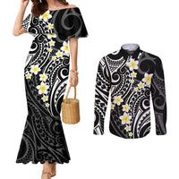 Plumeria With Black Polynesian Tattoo Pattern Couples Matching Mermaid Dress and Long Sleeve Button Shirt