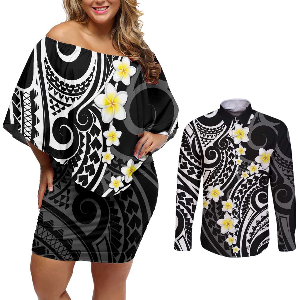 Plumeria With Black Polynesian Tattoo Pattern Couples Matching Off Shoulder Short Dress and Long Sleeve Button Shirt