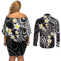 Plumeria With Black Polynesian Tattoo Pattern Couples Matching Off Shoulder Short Dress and Long Sleeve Button Shirt
