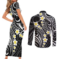 Plumeria With Black Polynesian Tattoo Pattern Couples Matching Short Sleeve Bodycon Dress and Long Sleeve Button Shirt