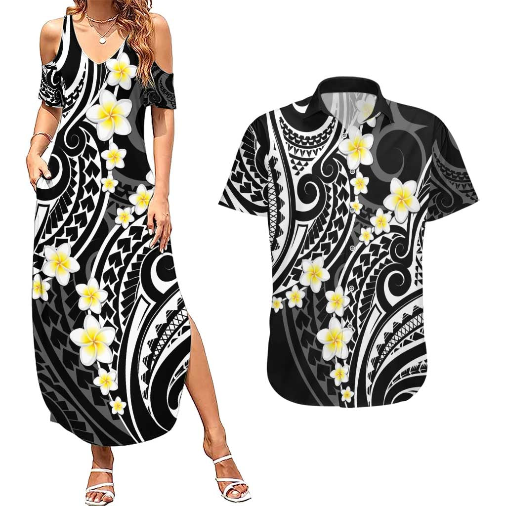 Plumeria With Black Polynesian Tattoo Pattern Couples Matching Summer Maxi Dress and Hawaiian Shirt