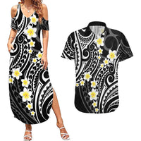 Plumeria With Black Polynesian Tattoo Pattern Couples Matching Summer Maxi Dress and Hawaiian Shirt