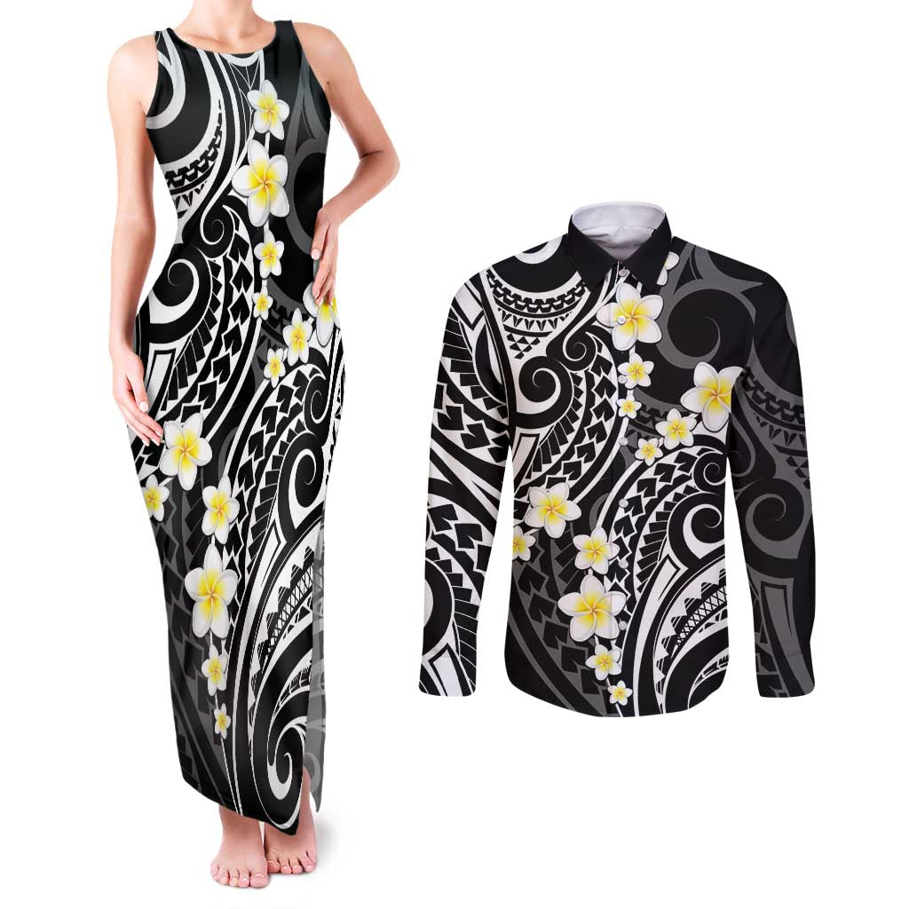 Plumeria With Black Polynesian Tattoo Pattern Couples Matching Tank Maxi Dress and Long Sleeve Button Shirt