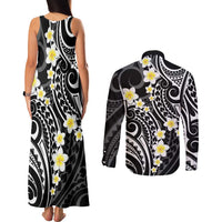 Plumeria With Black Polynesian Tattoo Pattern Couples Matching Tank Maxi Dress and Long Sleeve Button Shirt