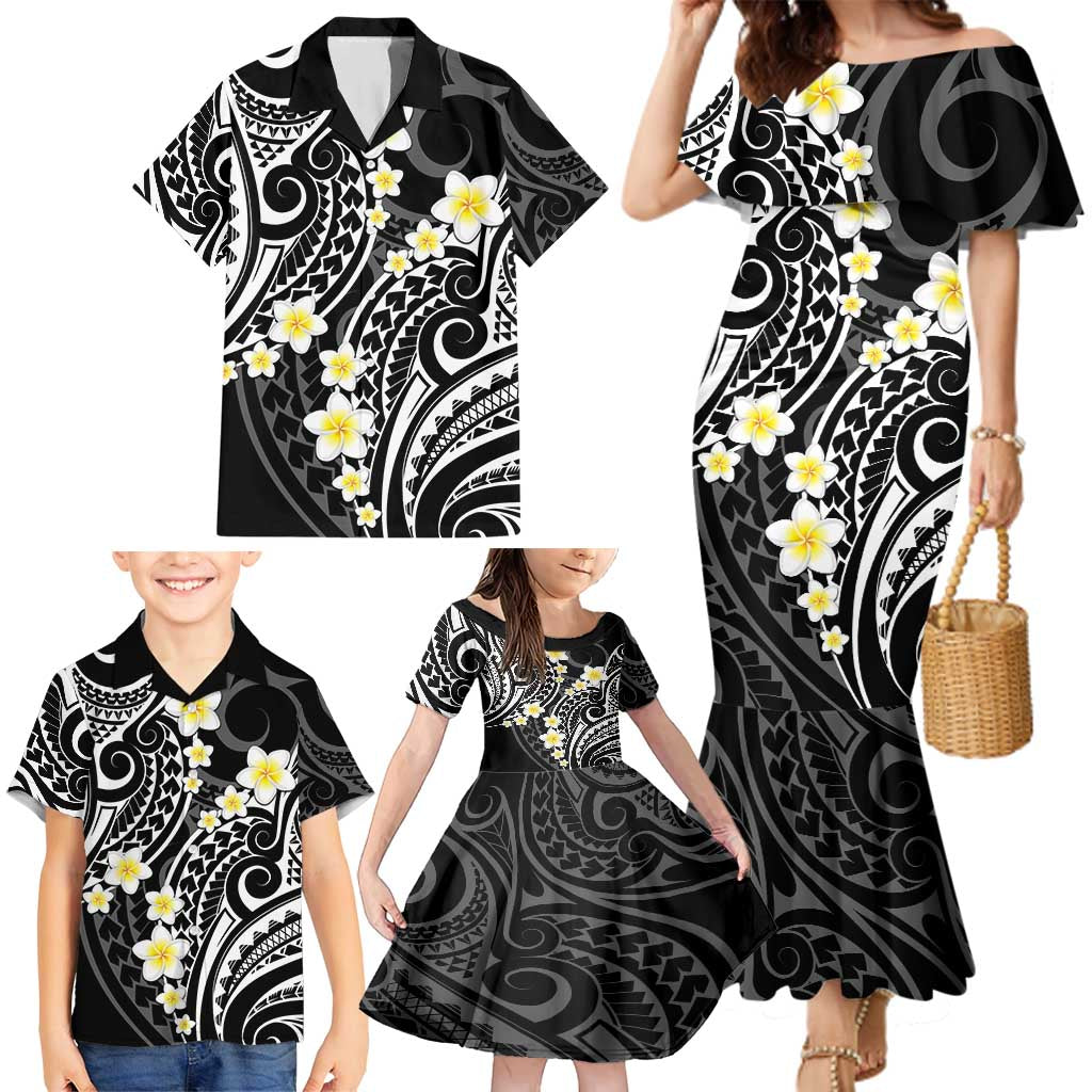 Plumeria With Black Polynesian Tattoo Pattern Family Matching Mermaid Dress and Hawaiian Shirt
