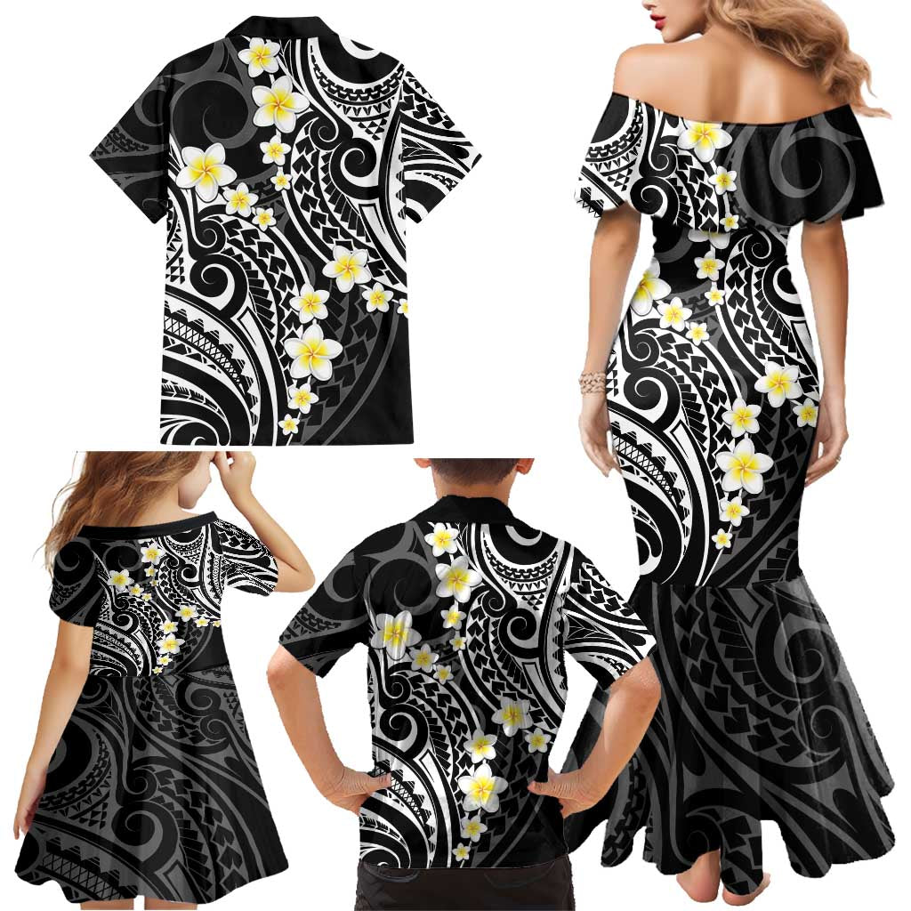 Plumeria With Black Polynesian Tattoo Pattern Family Matching Mermaid Dress and Hawaiian Shirt
