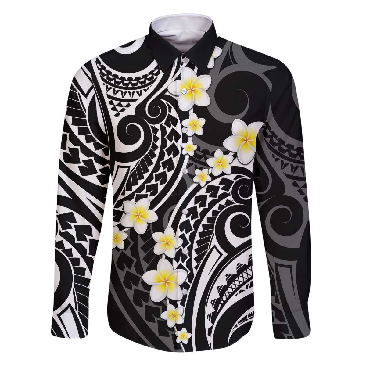 Plumeria With Black Polynesian Tattoo Pattern Family Matching Puletasi and Hawaiian Shirt
