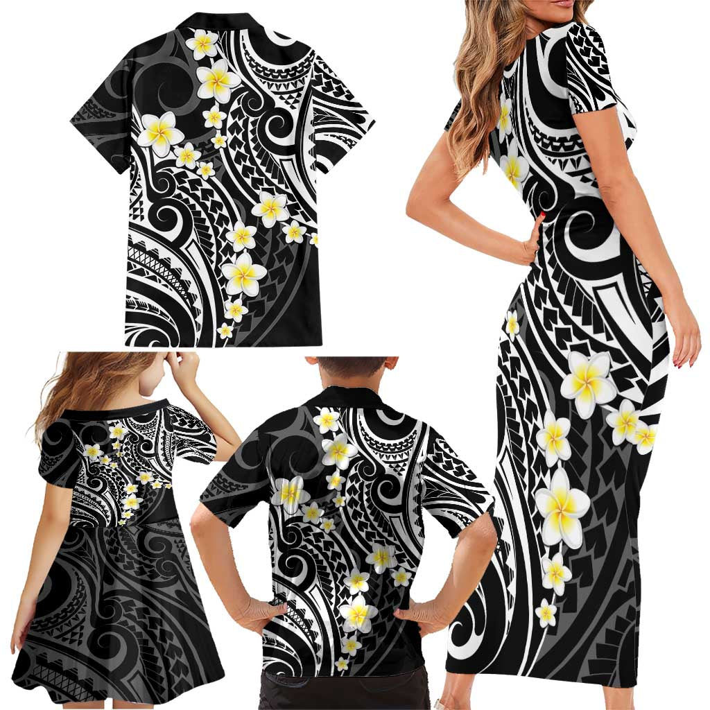 Plumeria With Black Polynesian Tattoo Pattern Family Matching Short Sleeve Bodycon Dress and Hawaiian Shirt