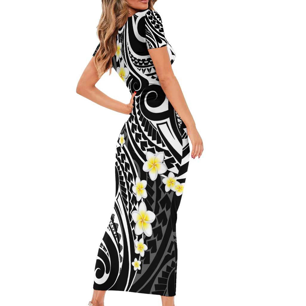 Plumeria With Black Polynesian Tattoo Pattern Family Matching Short Sleeve Bodycon Dress and Hawaiian Shirt