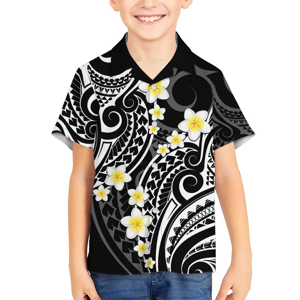 Plumeria With Black Polynesian Tattoo Pattern Family Matching Short Sleeve Bodycon Dress and Hawaiian Shirt