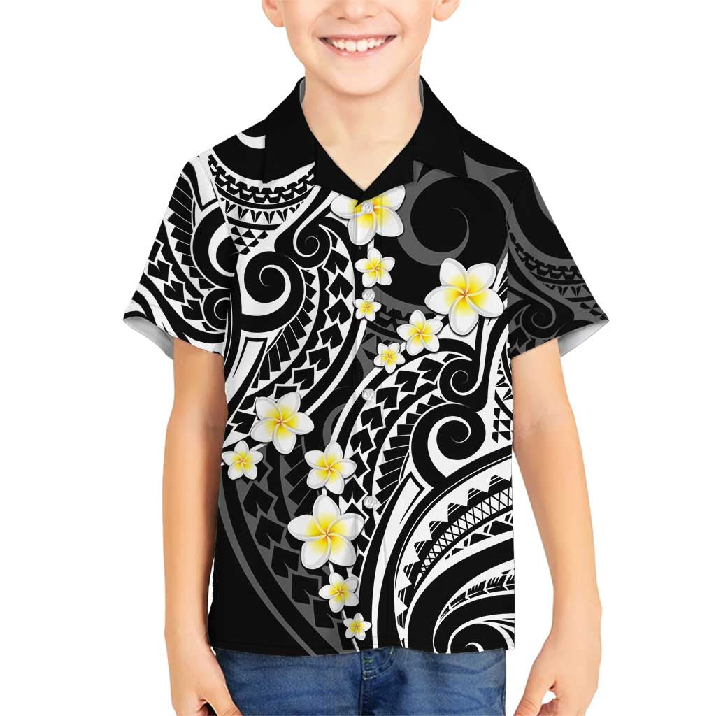 Plumeria With Black Polynesian Tattoo Pattern Family Matching Summer Maxi Dress and Hawaiian Shirt