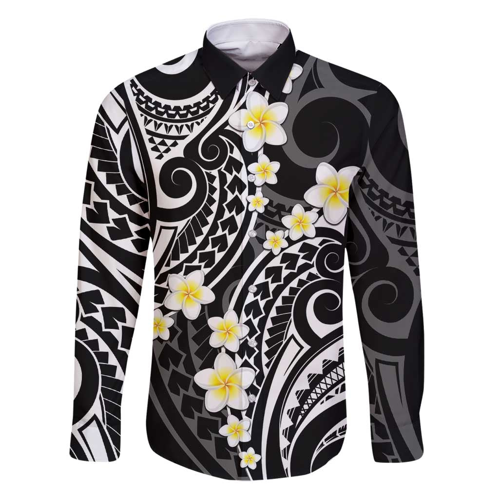 Plumeria With Black Polynesian Tattoo Pattern Family Matching Tank Maxi Dress and Hawaiian Shirt