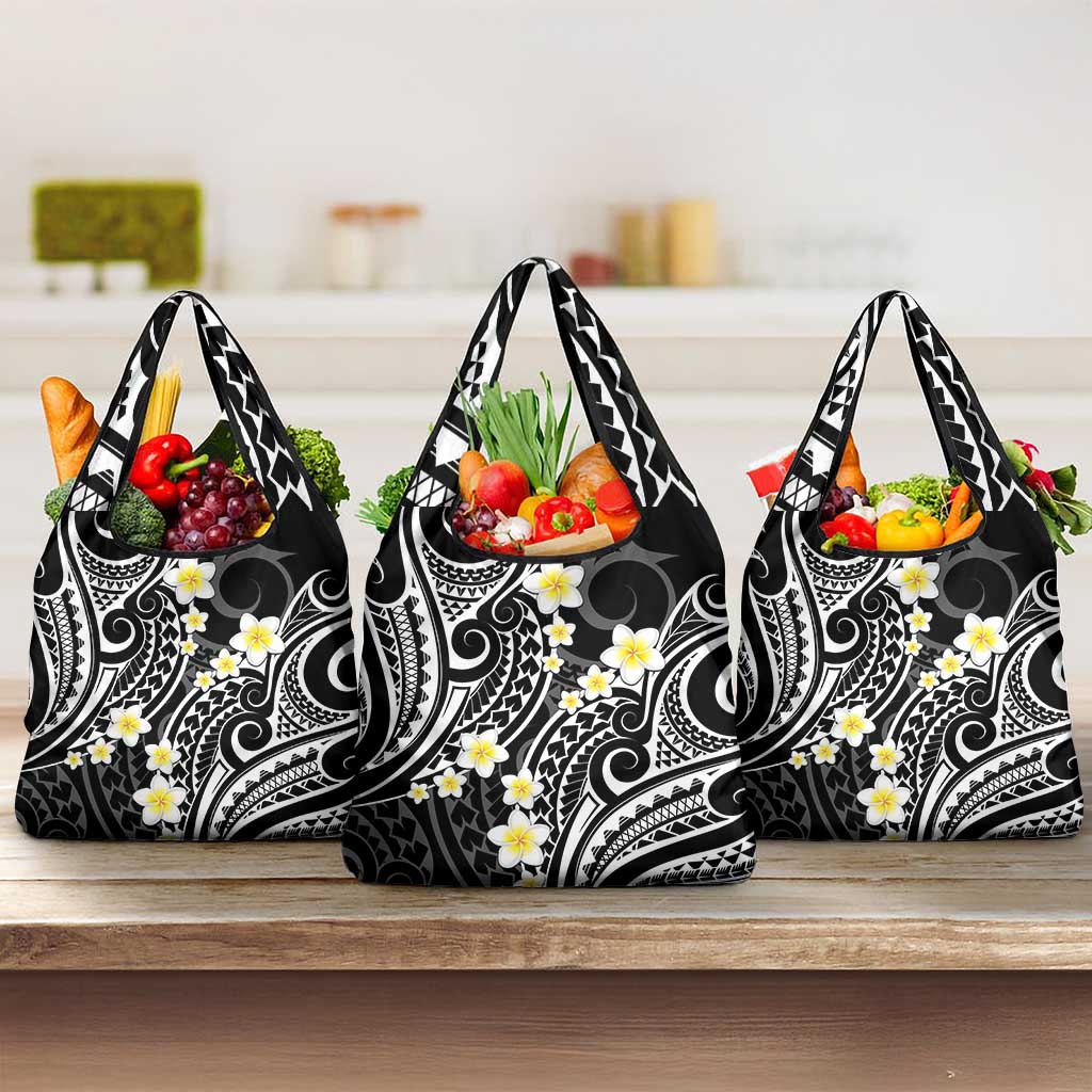 Plumeria With Black Polynesian Tattoo Pattern Grocery Bag