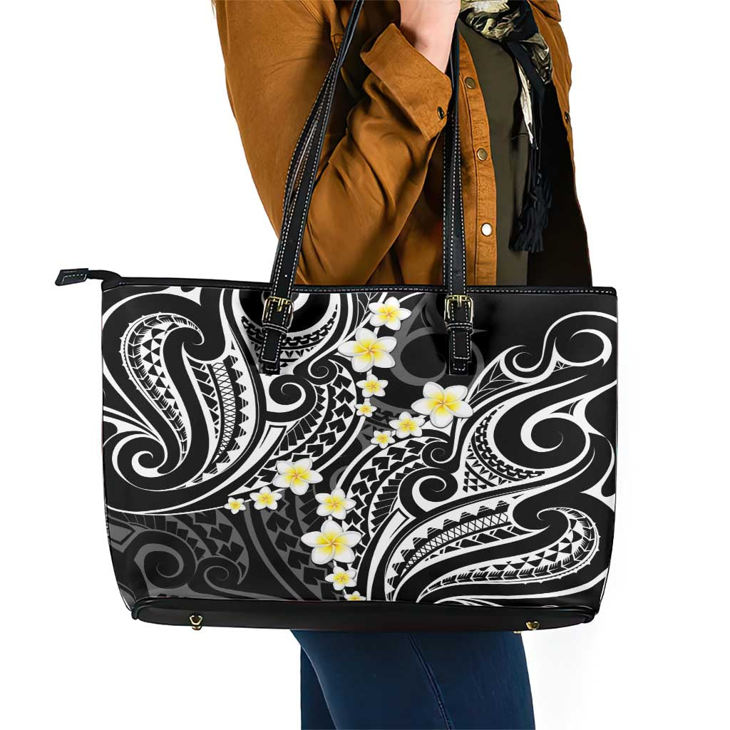 Plumeria With Black Polynesian Tattoo Pattern Leather Tote Bag