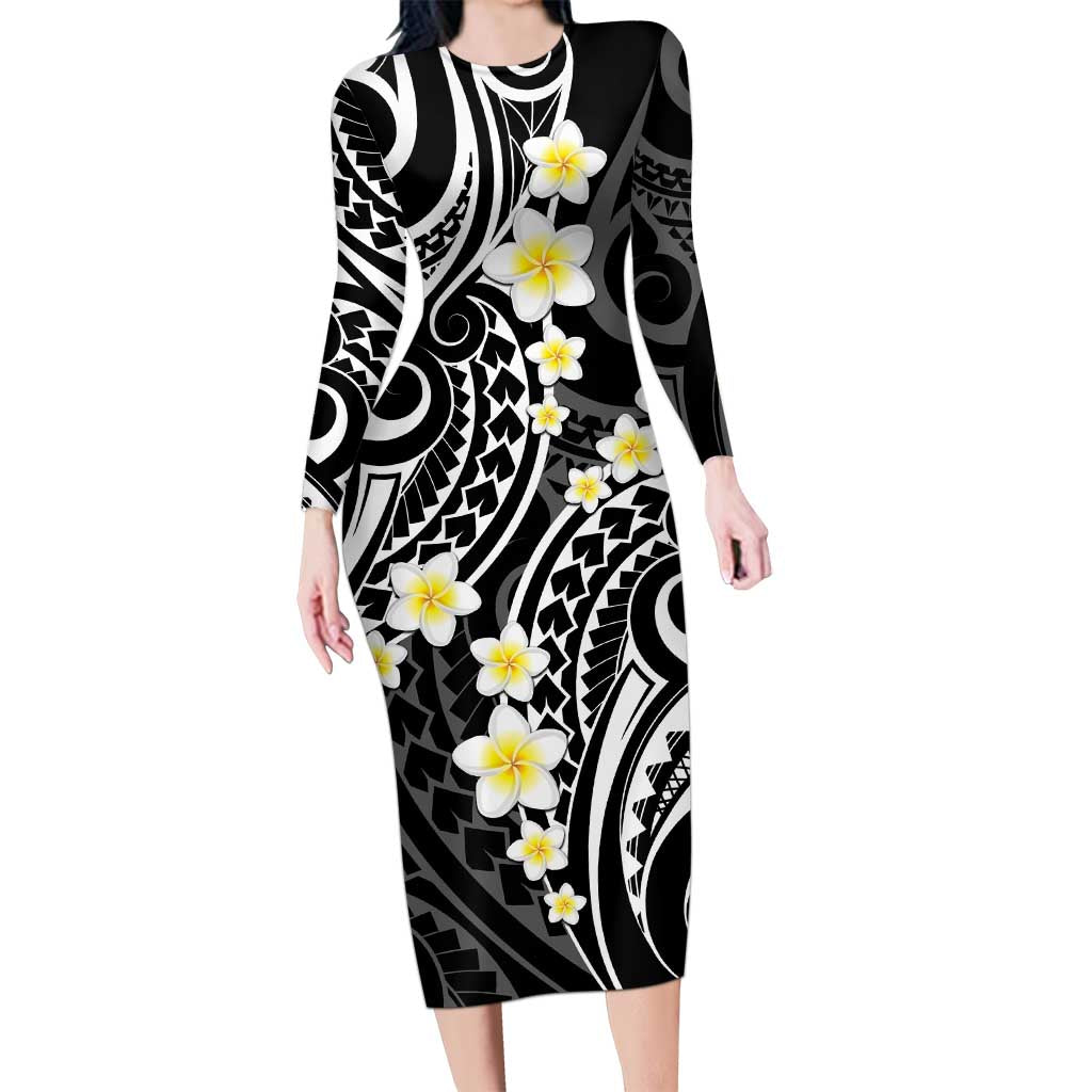 Plumeria With Black Polynesian Tattoo Pattern Long Sleeve Bodycon Dress