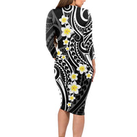 Plumeria With Black Polynesian Tattoo Pattern Long Sleeve Bodycon Dress