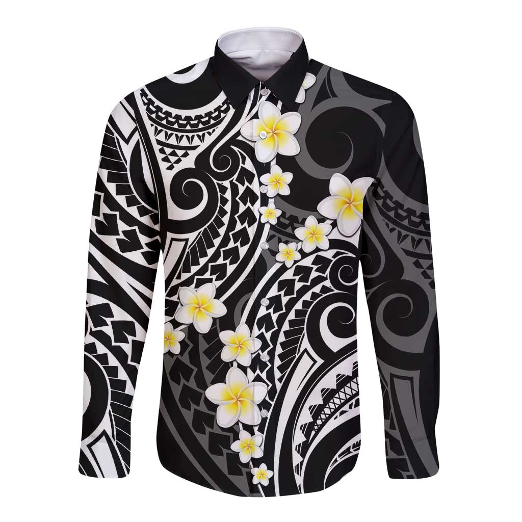 Plumeria With Black Polynesian Tattoo Pattern Long Sleeve Button Shirt LT05 Unisex Black - Polynesian Pride