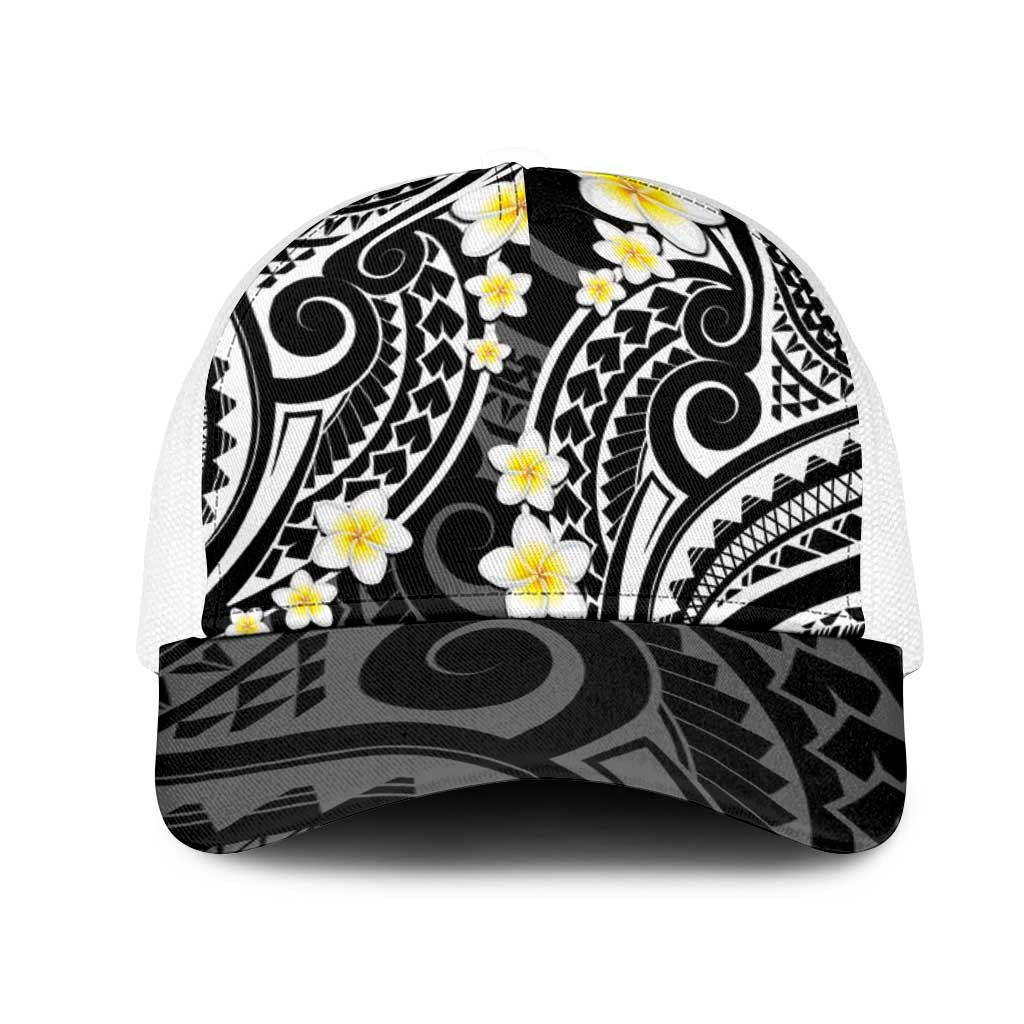 Plumeria With Black Polynesian Tattoo Pattern Mesh Trucker Cap - Polynesian Pride