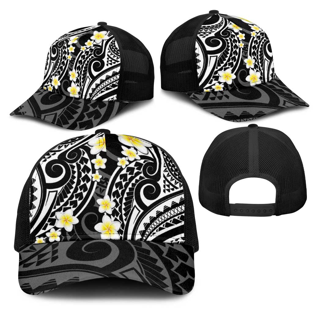 Plumeria With Black Polynesian Tattoo Pattern Mesh Trucker Cap - Polynesian Pride