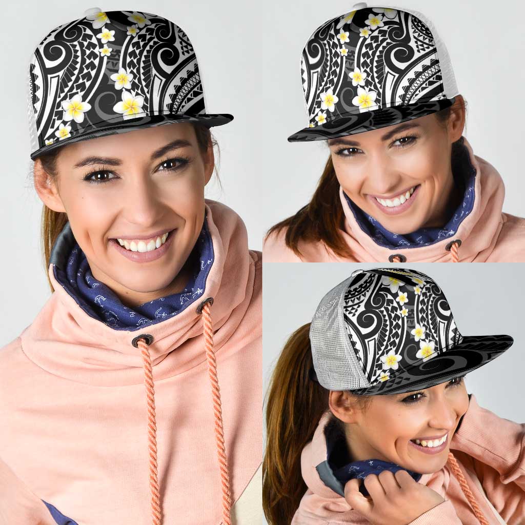 Plumeria With Black Polynesian Tattoo Pattern Mesh Trucker Cap - Polynesian Pride