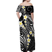 Plumeria With Black Polynesian Tattoo Pattern Off Shoulder Maxi Dress