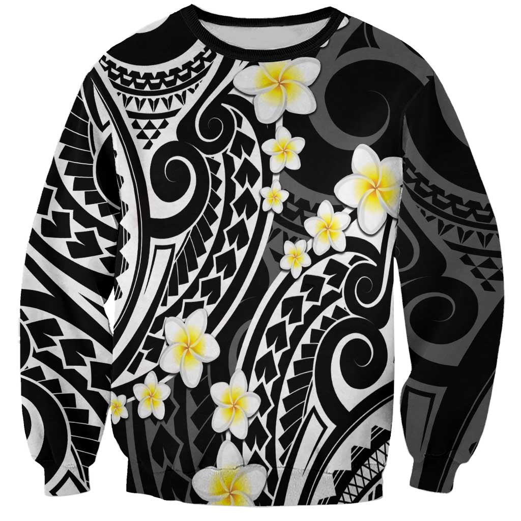 Plumeria With Black Polynesian Tattoo Pattern Sweatshirt LT05 Unisex Black - Polynesian Pride