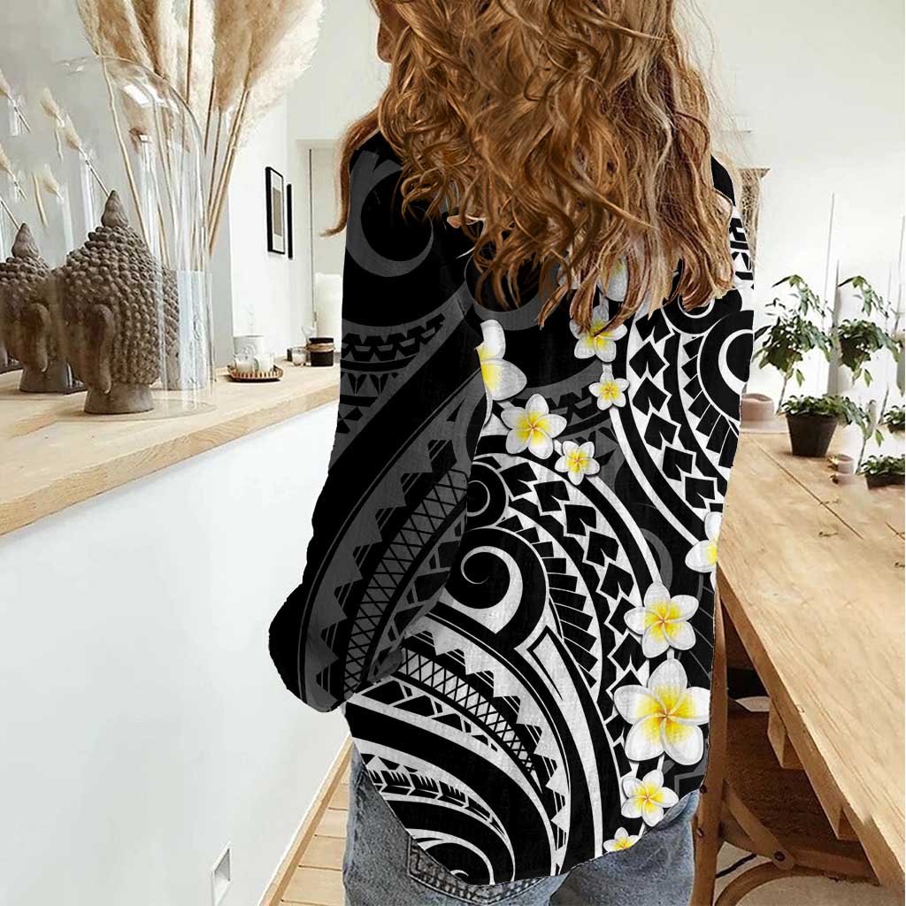 Plumeria With Black Polynesian Tattoo Pattern Women Casual Shirt