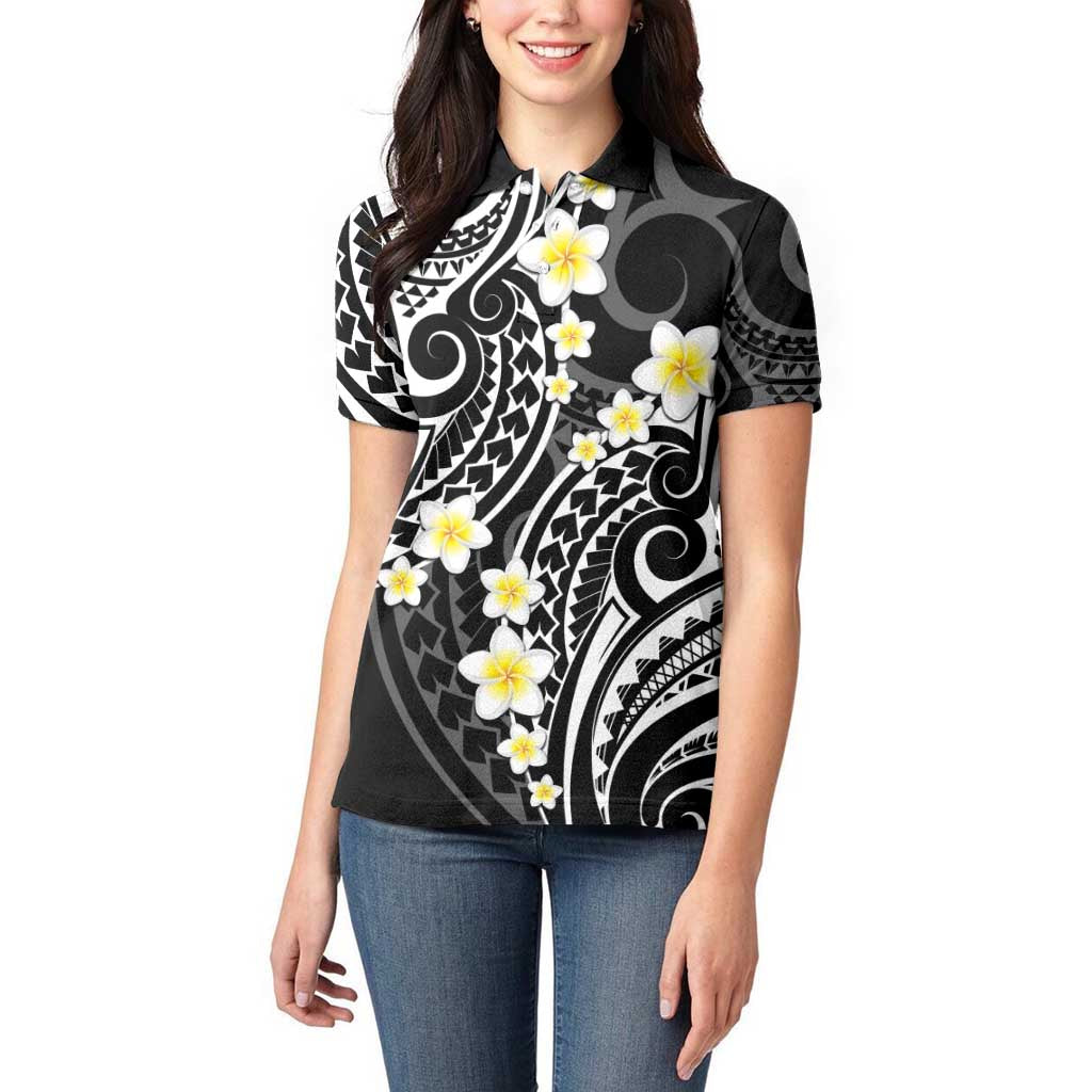 Plumeria With Black Polynesian Tattoo Pattern Women Polo Shirt