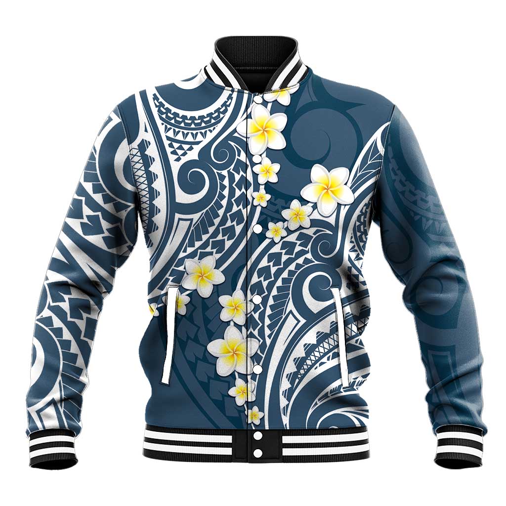 Plumeria With Blue Polynesian Tattoo Pattern Baseball Jacket LT05 Unisex Blue - Polynesian Pride