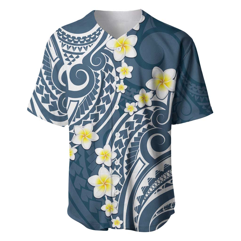 Plumeria With Blue Polynesian Tattoo Pattern Baseball Jersey LT05 Blue - Polynesian Pride