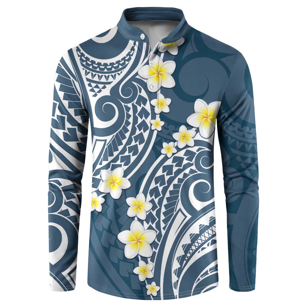 Plumeria With Blue Polynesian Tattoo Pattern Button Sweatshirt