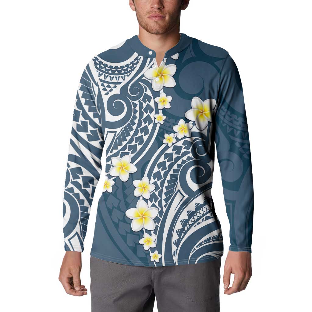 Plumeria With Blue Polynesian Tattoo Pattern Button Sweatshirt