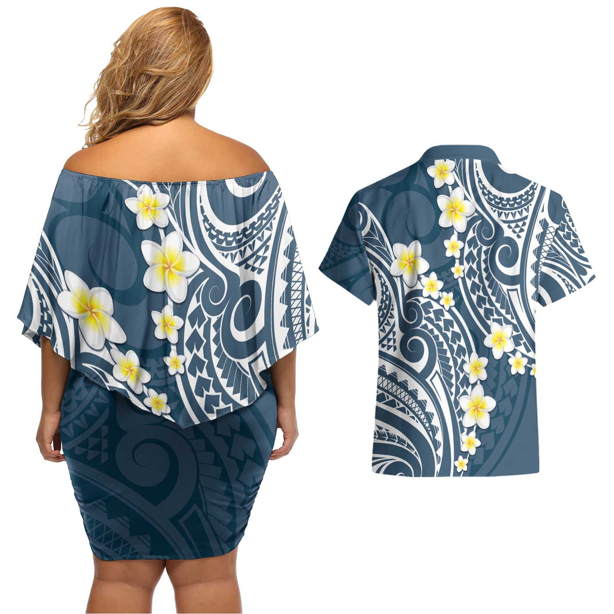Plumeria With Blue Polynesian Tattoo Pattern Couples Matching Off Shoulder Short Dress and Hawaiian Shirt