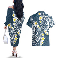 Plumeria With Blue Polynesian Tattoo Pattern Couples Matching Off The Shoulder Long Sleeve Dress and Hawaiian Shirt