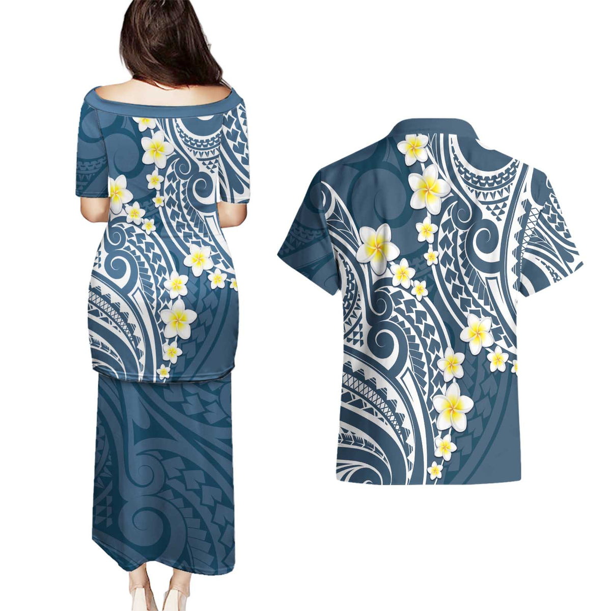 Plumeria With Blue Polynesian Tattoo Pattern Couples Matching Puletasi and Hawaiian Shirt