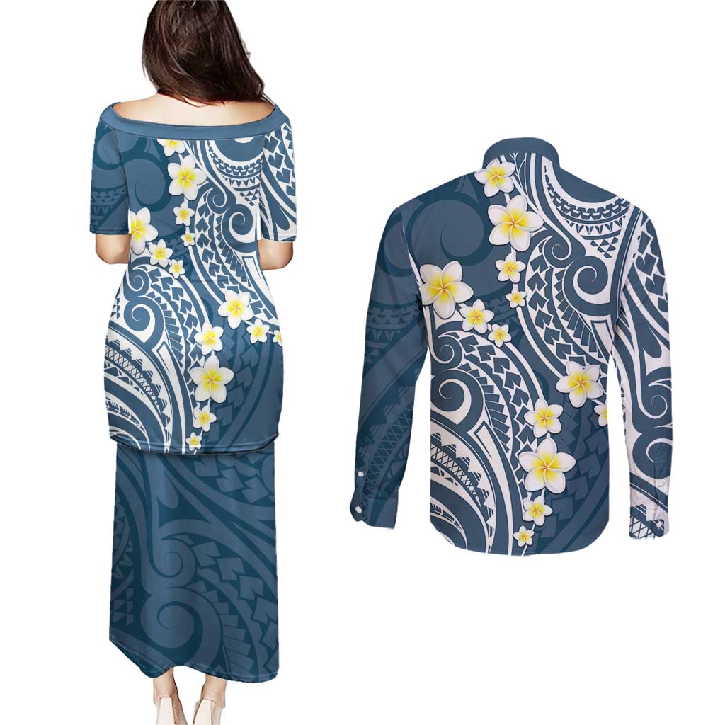 Plumeria With Blue Polynesian Tattoo Pattern Couples Matching Puletasi and Long Sleeve Button Shirt
