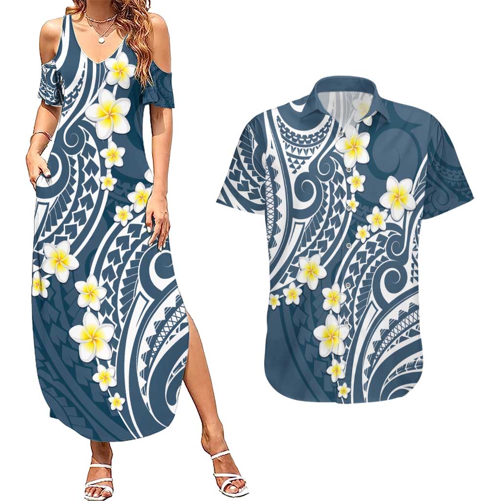Plumeria With Blue Polynesian Tattoo Pattern Couples Matching Summer Maxi Dress and Hawaiian Shirt